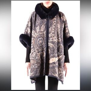 Moccine Faux Fur Trim Poncho Cape Wrap Paisley Knit One Size